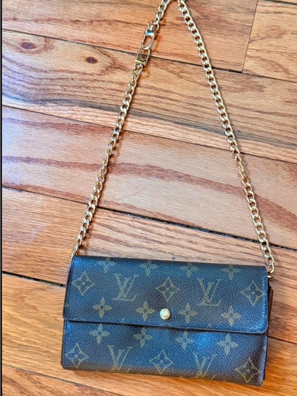 Louis Vuitton Monogram Crossbody Sarah Wallet in Brown with Gold Chain